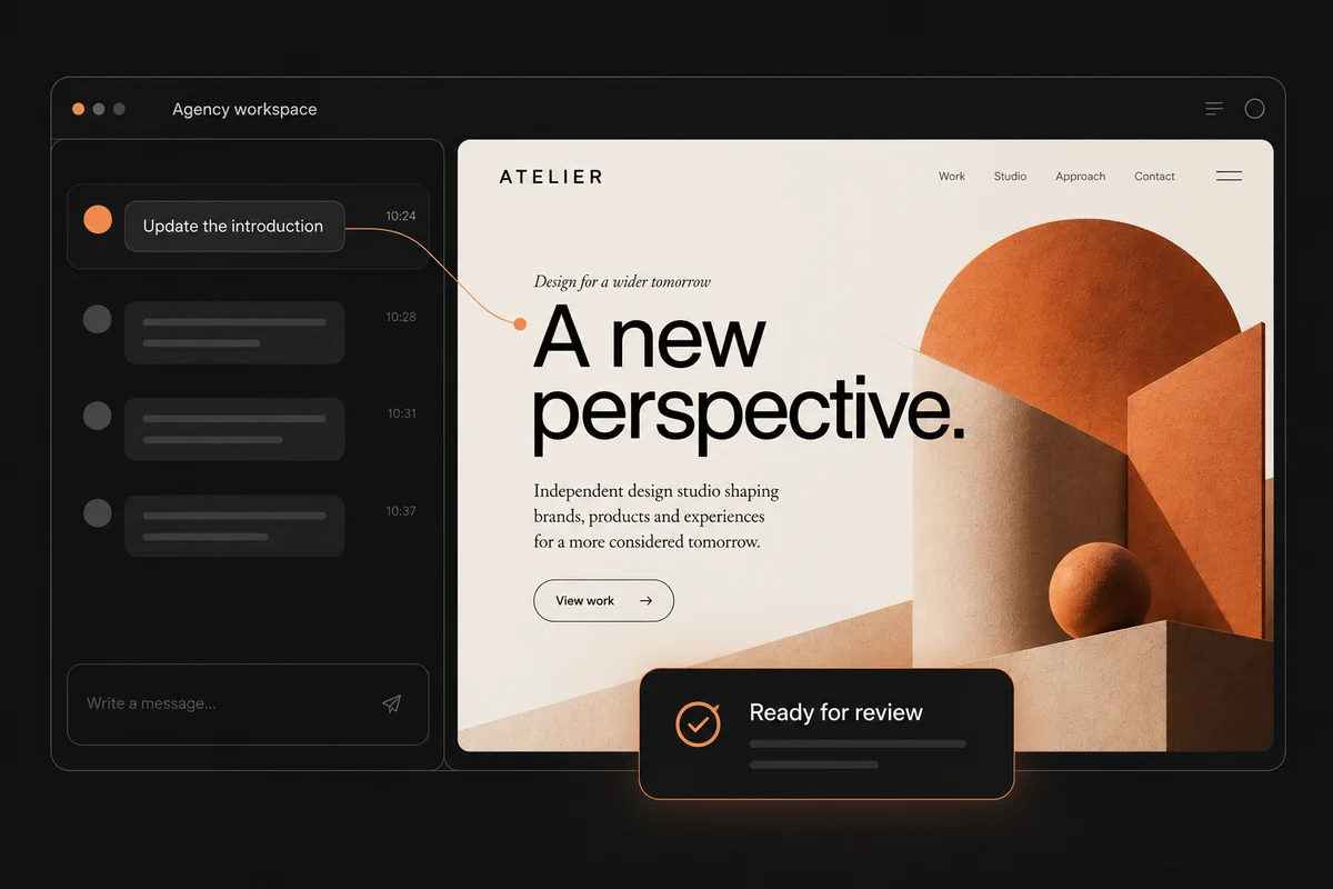 Illustration of an agency workspace connecting a client request to an Atelier website preview and a draft ready for review