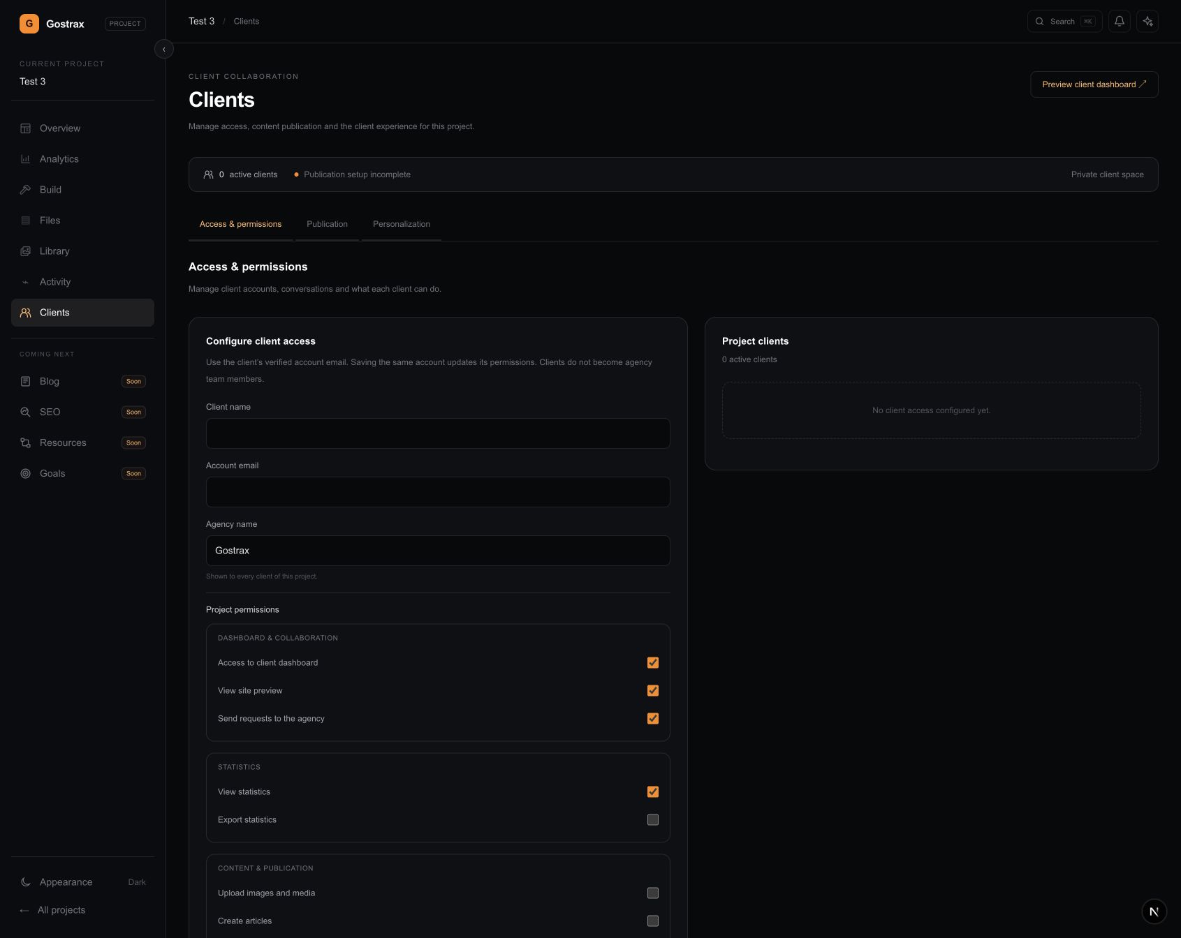 Gostrax client settings with access and content permissions controlled by the agency